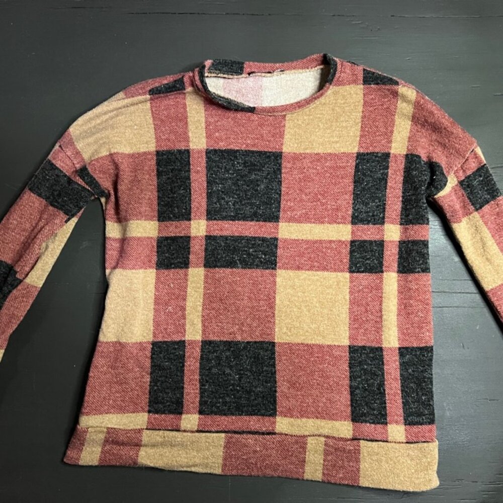 Bombom Women XL Checkered Plaid Brown Black Maroon Crew Neck Fall Sweater